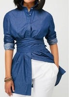 ROTITA Tummy Control Asymmetric Hem Faux Denim Blouse