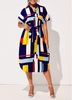 ROTITA Turndown Collar Belted Geometric Print Dress