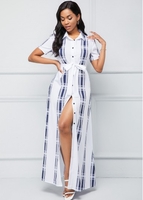 ROTITA Turndown Collar Button Up Geometric Print Belted Dress