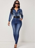 ROTITA Turndown Collar Denim Blue 3/4 Sleeve Jumpsuit