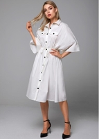 ROTITA Turndown Collar Drawstring Waist Button Up Dress