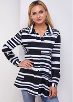 ROTITA Turndown Collar Long Sleeve Striped Blouse