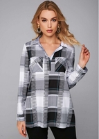 ROTITA Turndown Collar Plaid Long Sleeve Blouse