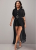 ROTITA Turndown Collar Short Sleeve Belted Black Blouse