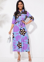 ROTITA Turndown Collar Tribal Print Belted Dress