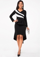 ROTITA V Neck Faux Two Piece Contrast Dress