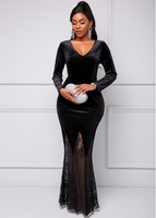 ROTITA V Neck Long Sleeve Lace Stitching Dress