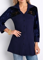 ROTITA Velvet Button Up Lace Stitching Blouse
