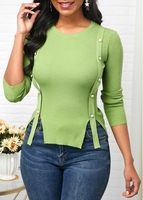 Round Neck Button Detail Long Sleeve Sweater