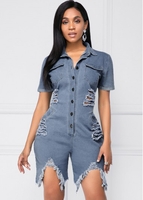 Shredded Turndown Collar Chest Pocket Button Up Denim Romper