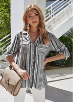 Stripe Print Turndown Collar Button Up Blouse