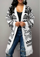 Tassel Hem Tribal Pattern Open Front Cardigan