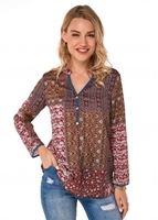 Tribal Print Split Neck Button Detail Blouse