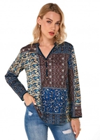 Tribal Print Split Neck Button Detail Blouse