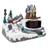 Christmas Village Scene with Turning Snowman Lights Sounds - 32cm Height