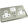 2 Way UK Power Socket With USB Charging Ports Wall Plate - Brush Metal