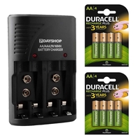 7dayshop Compact Mains Battery Charger with 8x Duracell AA 1300mah Rechargeable batteries