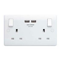 BG British General 2 Gang 13A Switched Wall Double Socket Twin USB with high output 2.1A - 822U-01