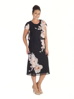 Black/Blush Floral Bloom Placement Print Double Layer Chiffon Dress
