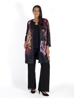 Blk/Pink Floral Placement Edge to Edge Lined Satin Coat
