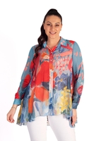 Blue/Coral Abstract Floral Print Sheer Chiffon Blouse