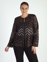 Brown Zig-Zag And Faux Animal Print Trim Applique Leather On Mesh Jacket