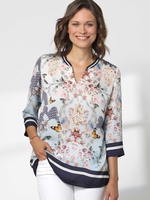Erfo Multi Flower Print Top With Rib Cuff,  Hem and Neck