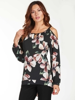 FRANK LYMAN Black/blush Floral Print Cold Shoulder Top