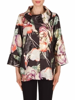 Joseph Ribkoff Black/Rose Jacquard Large Flower Design Single Button Jacket