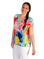 Mint/Coral Abstract Floral Print Short Sleeve V-Neck Jersey Top