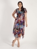 Multi Bright Angel Sleeve Cityscape Print Godet Trim Mesh Dress