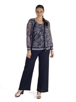 Navy Contrast Trim Printed Stretch Lace Zip Top With Rib Trim