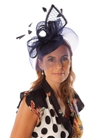 Navy Pillbox With Mesh,  Crin,  Feathers & Curls