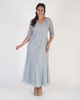Silver Sequin & Pearl Beaded 3/4 Sleeve V-Neck Mesh Dress