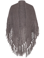 Taupe Wool Blend Large Fringed Shawl with Crocheted Panel