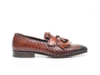 Nerone - Brown Calf Crust Braided Leather Men Fringe Moccasin