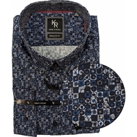 Kings Road Mens Big Size Square Pattern Print Casual Long Sleeve Shirt