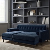 3 Seater Left Hand Facing L Shaped Sofa with Footstool in Navy Blue Velvet - Idris