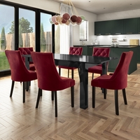 Black Extending High Gloss Dining Table with 6 Wine Velvet Dining Chairs - Vivienne