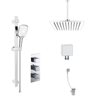 Concealed Square Triple Outlet Shower Valve with 300mm Ultra Slim Shower Head Ceiling Arm 3 Function Slide Rail Kit and