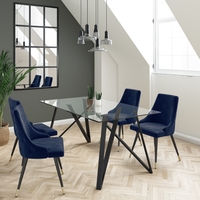 Glass Dining Table with 4 Navy Blue Velvet Button Back Dining Chairs - Dax