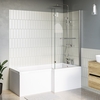 Lomax 1700 x 850 L Shaped Shower Bath Right Hand with Front Panel and Pluto 1450mm Chrome Bath Screen with Towel Rail