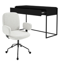 Matt Black Wood Computer Desk with Drawer & Cream Boucle Office Chair - Larsen - Lulu