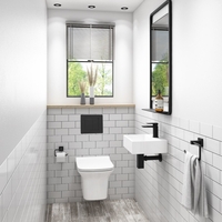 Santiago Rimless Wall Hung Toilet with Soft Close Seat and Wirquin WC Frame with Black Flush Plate