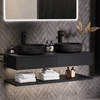 1200mm Black Wall Hung Double Countertop Vanity Unit with Black Marble Effect Basins and Shelf - Lugo