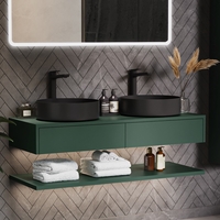 1200mm Green Wall Hung Double Countertop Vanity Unit with Black Basin and Shelf - Lugo