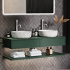 1200mm Green Wall Hung Double Countertop Vanity Unit with White Marble Effect Basins and Shelf - Lugo