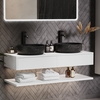 1200mm White Wall Hung Double Countertop Vanity Unit with Black Marble Effect Basins and Shelf - Lugo