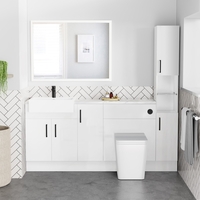 1800mm - 2100mm White Toilet and Sink Unit with Tall Cabinet Marble Effect Worktop and Black Fittings - Coniston