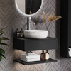 600mm Black Wall Hung Double Countertop Vanity Unit with White Marble Effect Basin and Shelf - Lugo